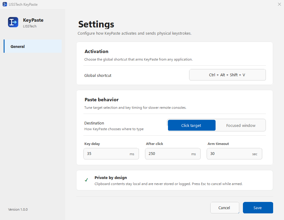KeyPaste settings window